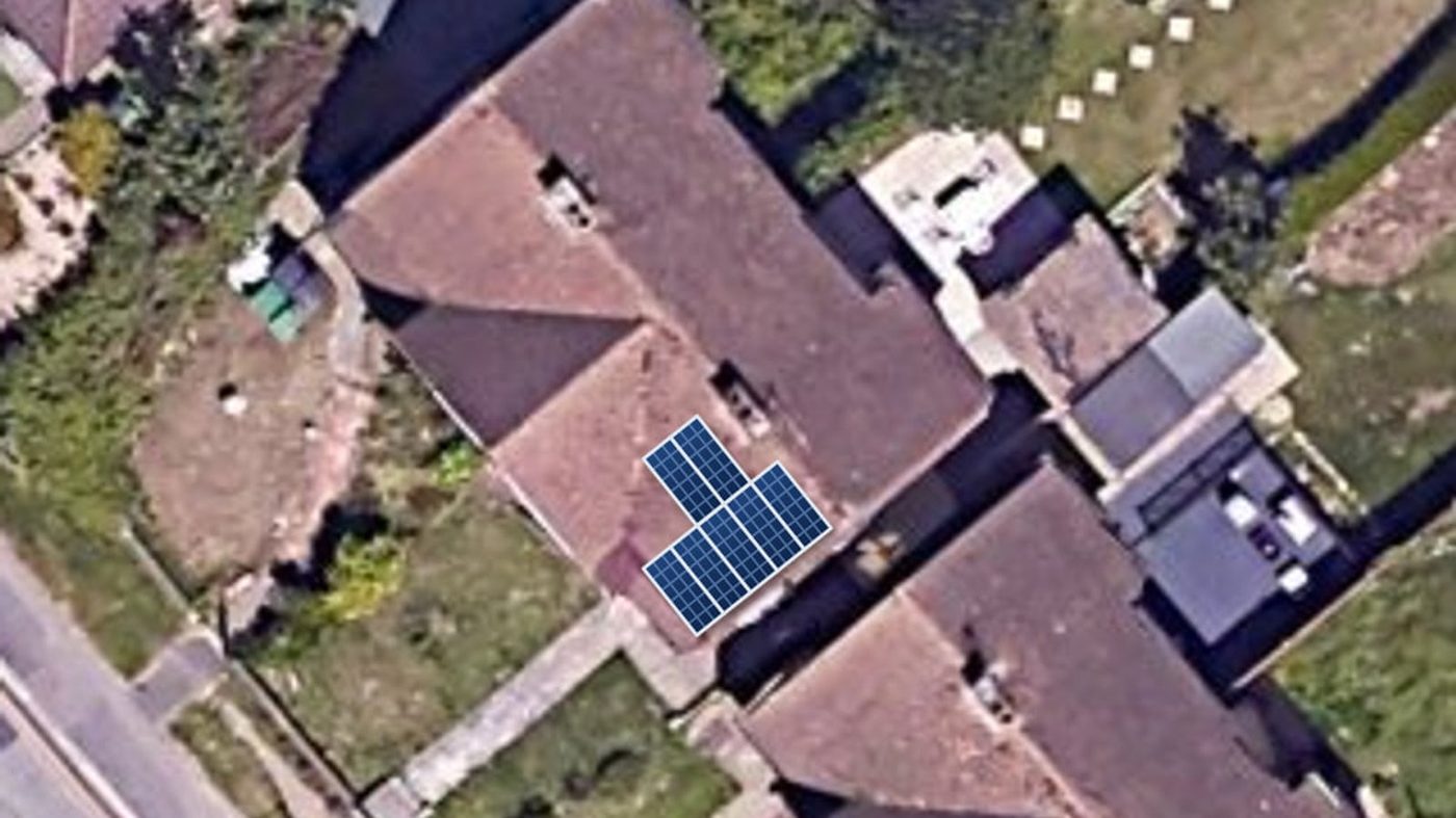 A Solar Mailshot letter for a fictional installer showing the homeowner's own roof from above with solar panels drawn on, estimated yearly electricity value, panel count and generation, with a QR code