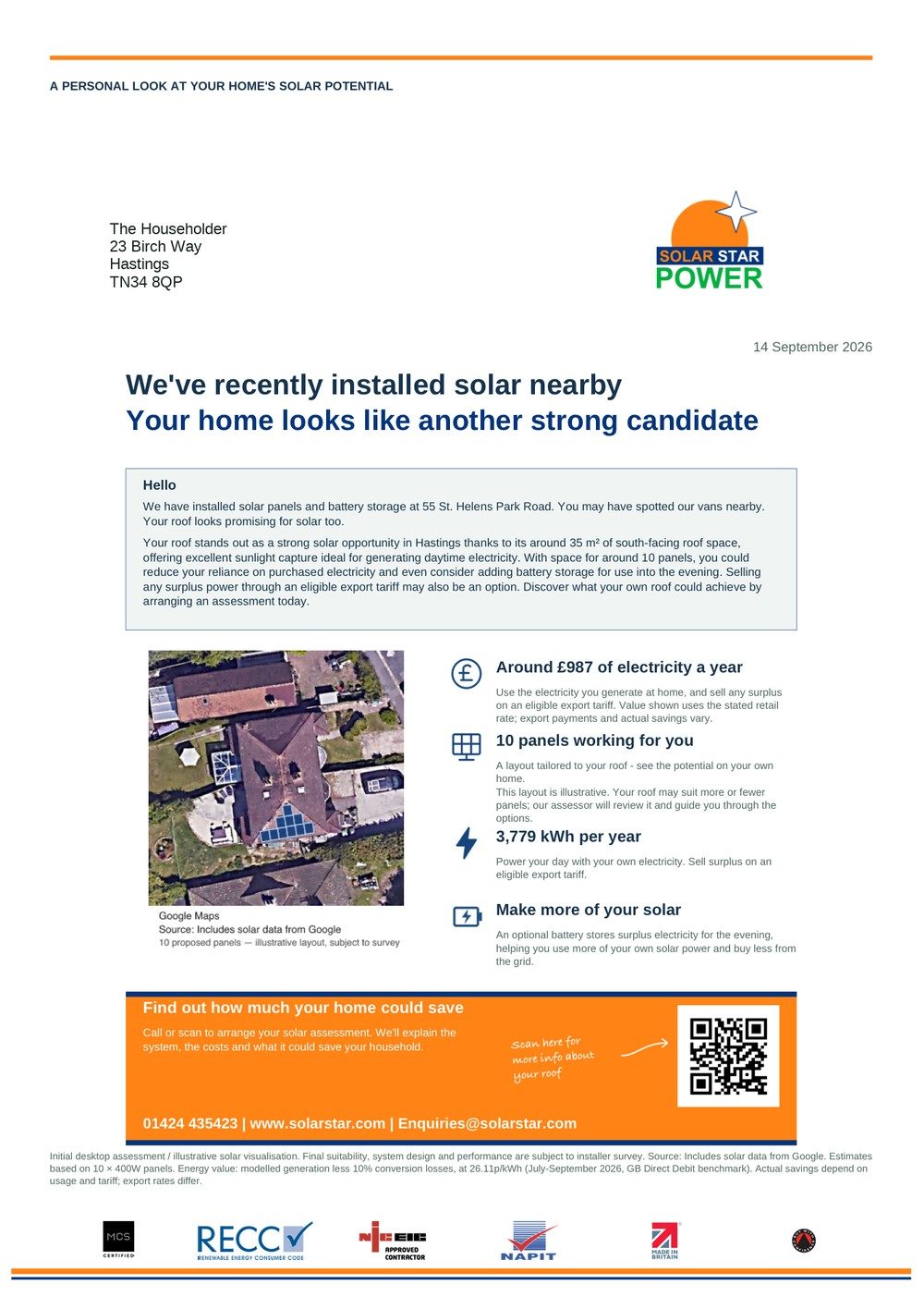 Full page example of a Solar Mailshot letter with the homeowner's aerial roof photo, panel count, yearly generation, a QR code and installer accreditations
