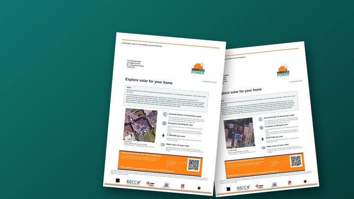 Two personalised Solar Mailshot letters for a homeowner, each showing their own roof from above with solar panels drawn on