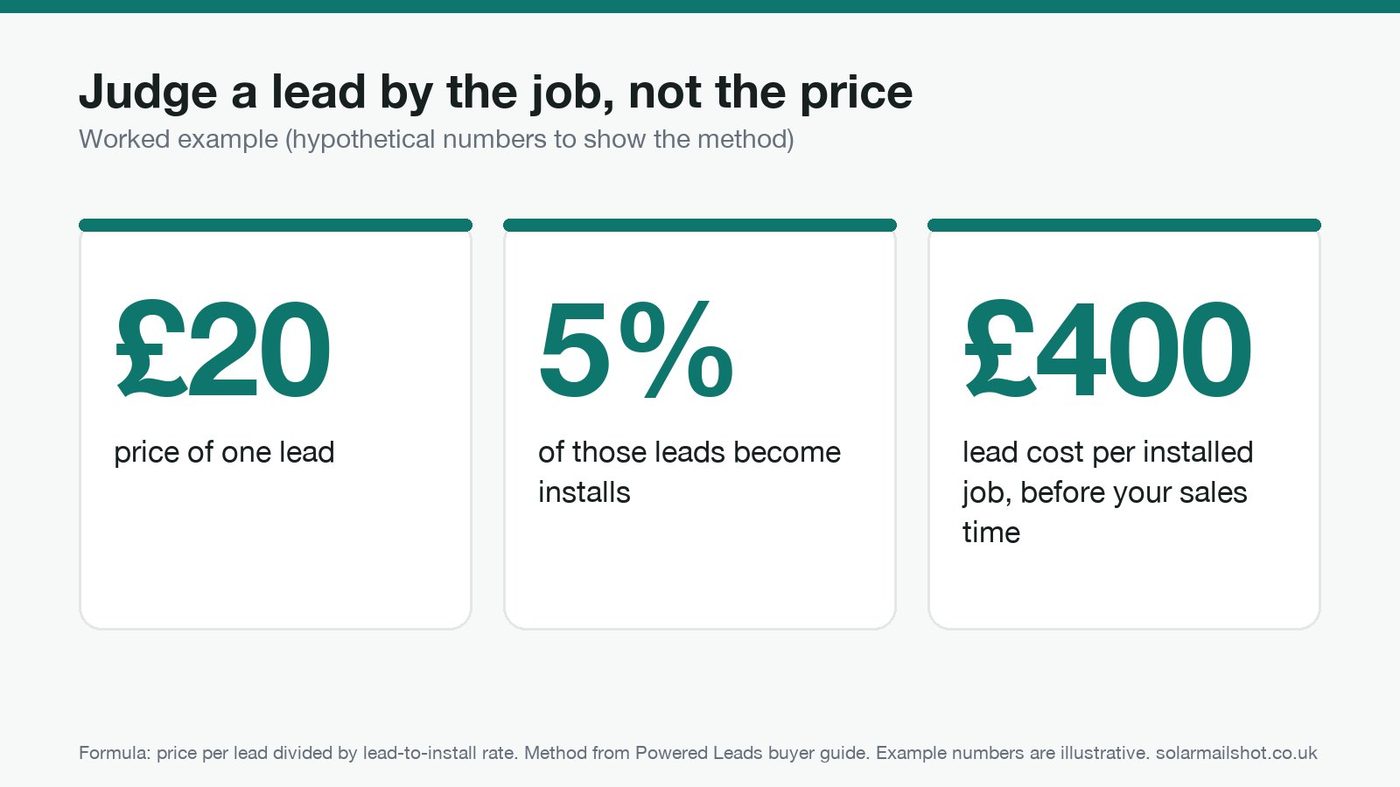 Three cards showing a worked example: a £20 lead, divided by a 5% lead-to-install rate, equals £400 lead cost per installed job