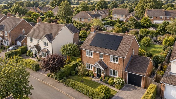Aerial view of a UK residential street with solar panels on the roof of a red brick house, surrounded by neighbouring homes