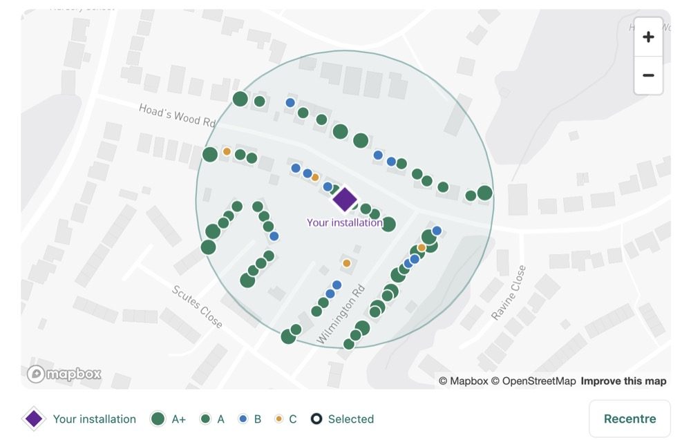 Map of homes within a circle around an installation, each roof marked with its Solar Mailshot grade from A+ to C